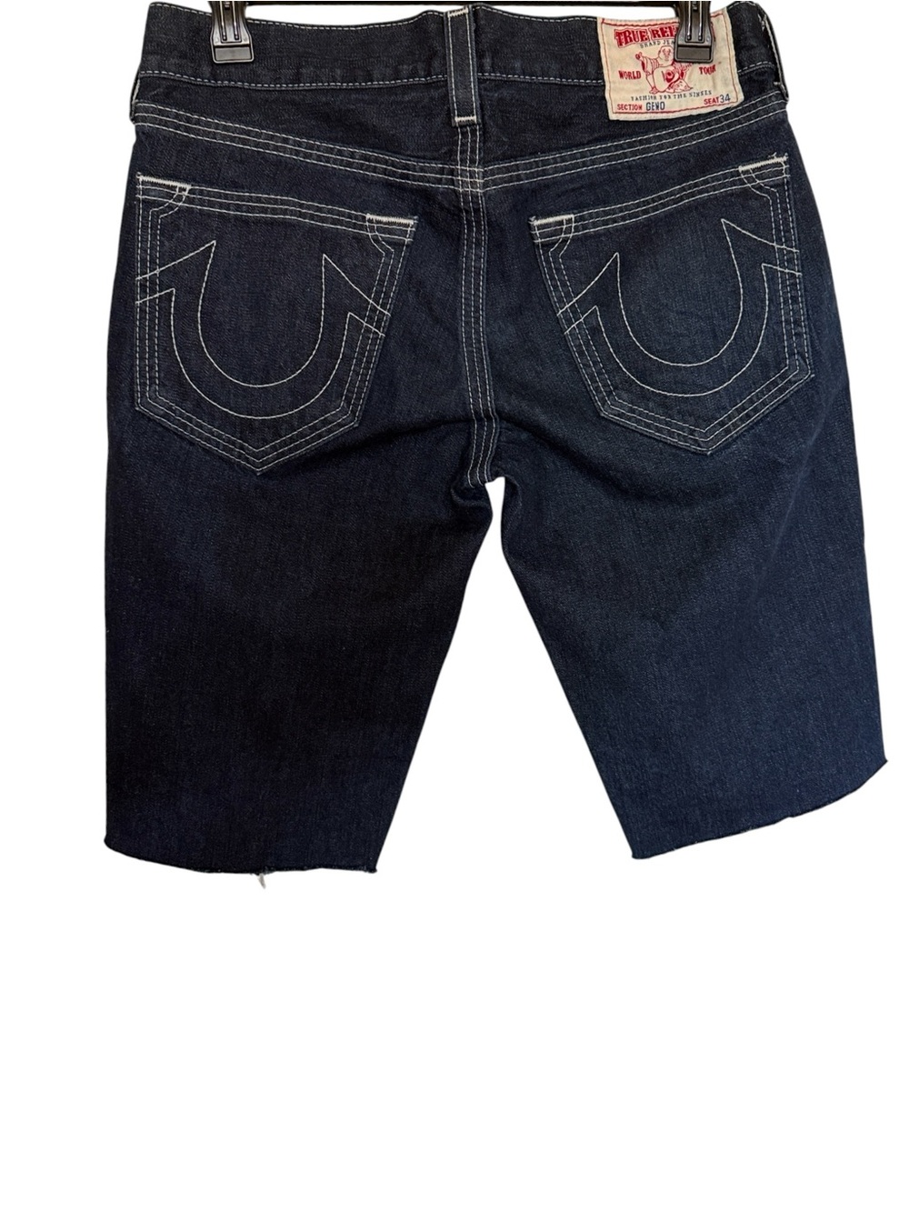 True Religion Geno denim cutoff shorts, classic white horseshoe stitching, 32